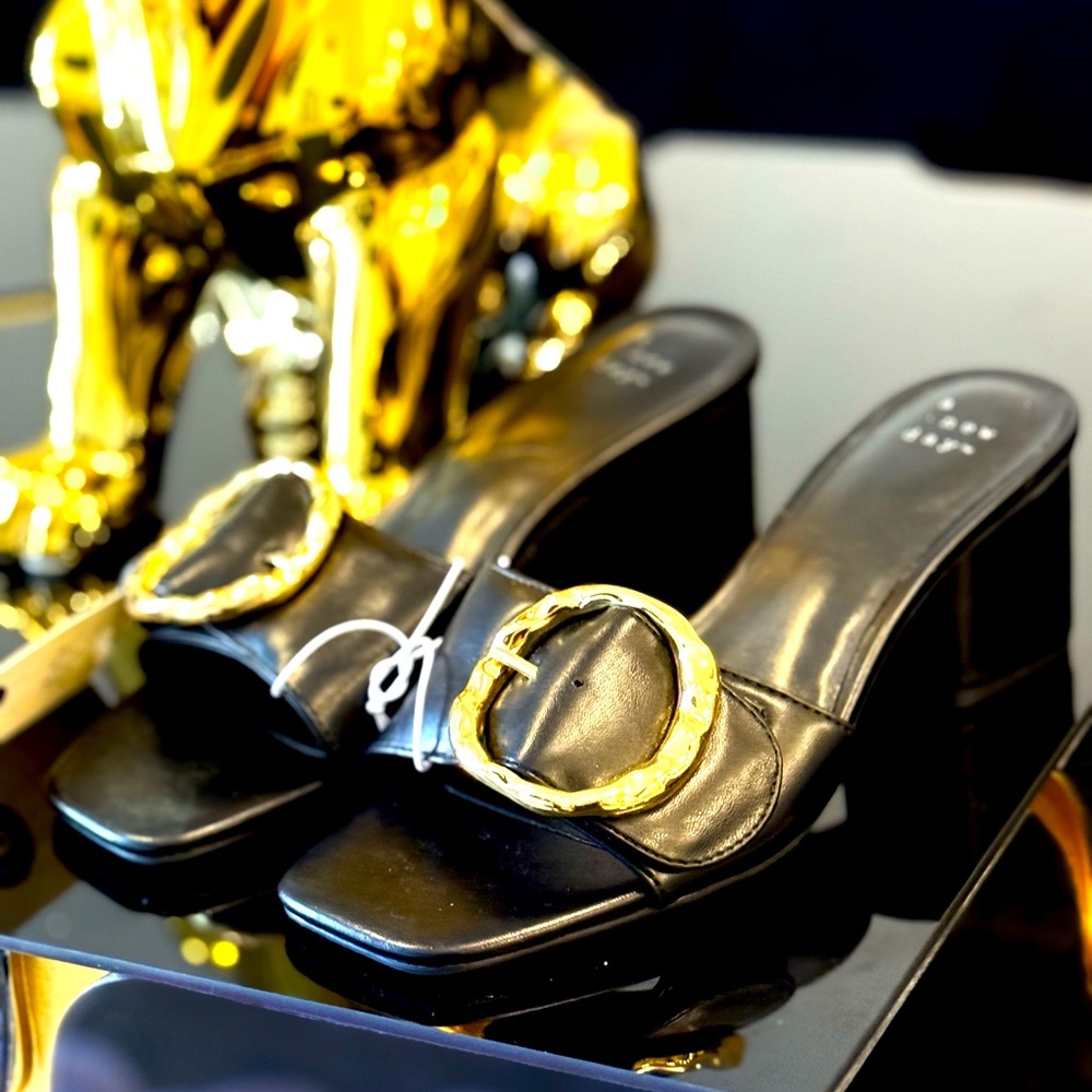 Elegant Black Leather Mules with Gold Buckle